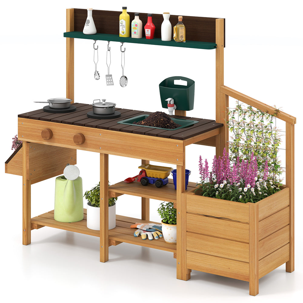 Wooden play kitchen for kids with removable sink, stoves, and planter boxes for imaginative outdoor play.