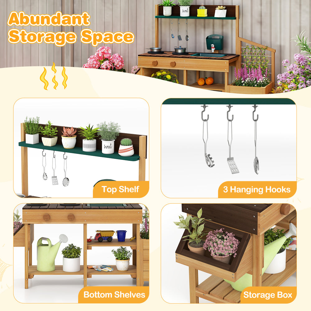 Wooden toy kitchen playset with top shelf, hanging hooks, and storage boxes for imaginative play and organization.
