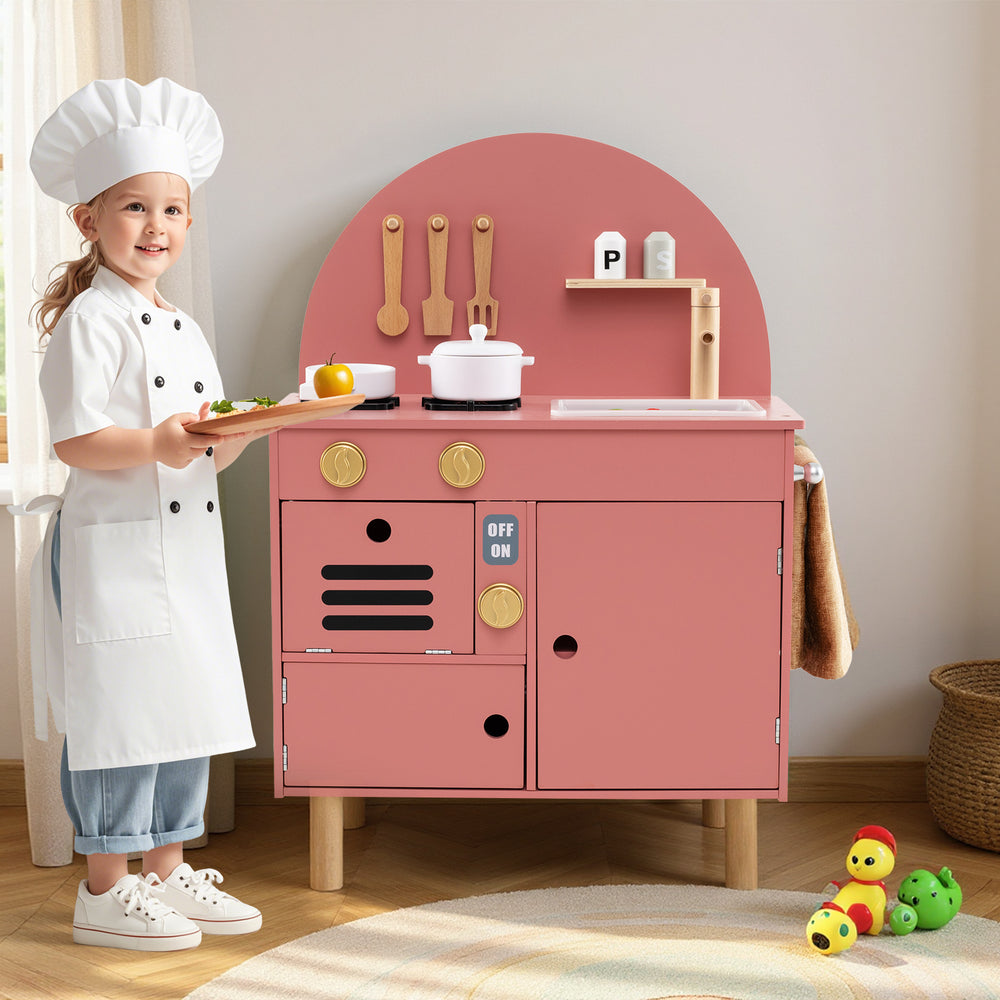Play Kitchen for Kids Wooden Kitchen Playset with Stoves Faucet Sink Microwave and Oven-Pink - Gallery View 1 of 10