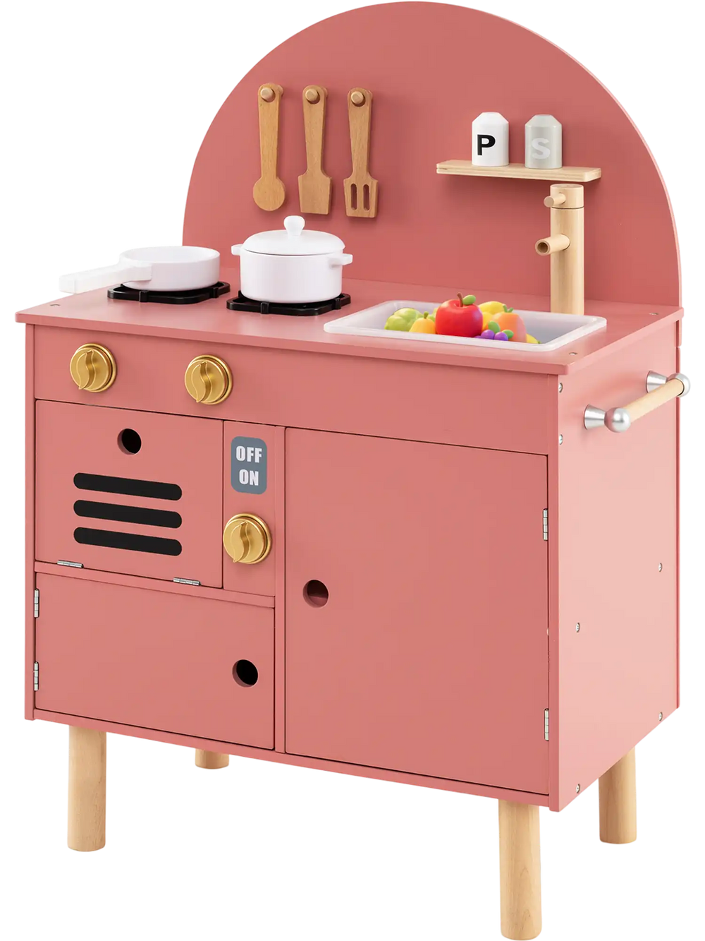 Wooden pink play kitchen for kids featuring stoves, sink, and storage, designed for imaginative cooking fun.