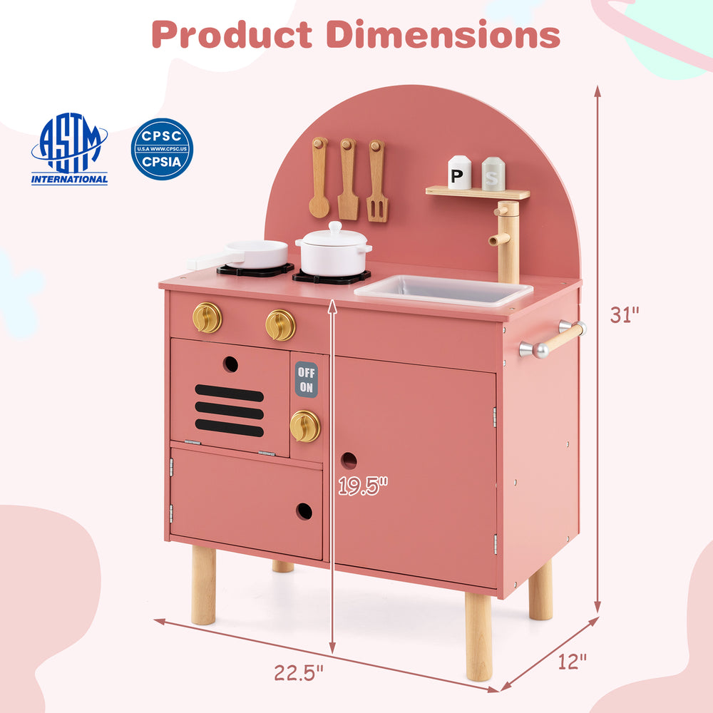 Kids wooden play kitchen set in pink with stoves, sink, and storage, perfect for imaginative cooking fun.