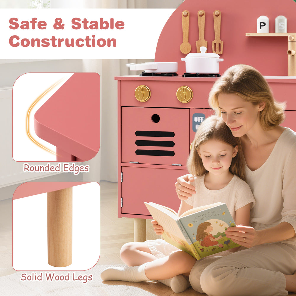 Wooden play kitchen set in pink with stoves, sink, and solid wood legs, designed for safe imaginative play for kids.