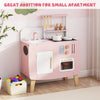 Wooden play kitchen set in pink with stove, sink, and oven, perfect for small apartments and imaginative play.