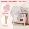 Wooden play kitchen set featuring stoves, sink, and oven with solid wood legs for safe, imaginative play.
