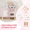 Wooden kitchen playset featuring stoves, sink, and oven, designed for kids' imaginative cooking play and safety.