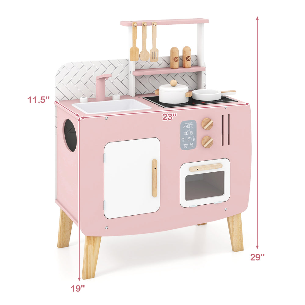 Wooden play kitchen set with stoves, sink, and oven, featuring pink accents and ample storage for imaginative play.