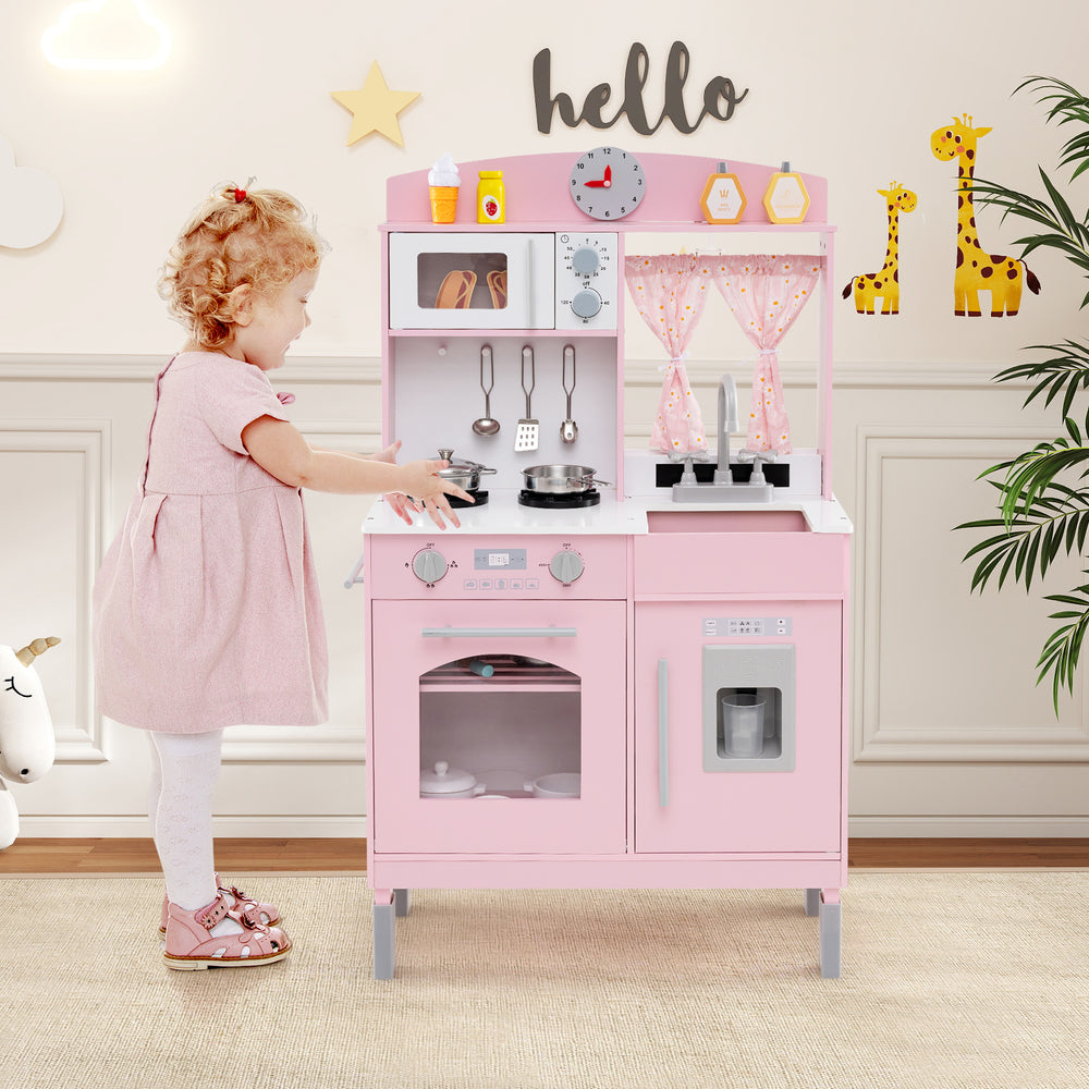 Play Kitchen for Kids Wooden Chef Pretend Playset with 3 Adjustable Heights Microwave-Pink - Gallery View 1 of 9