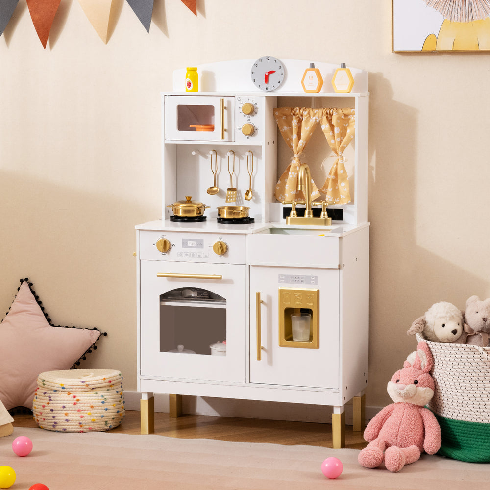 Play Kitchen for Kids Wooden Chef Pretend Playset with 3 Adjustable Heights Microwave-Gold - Gallery View 1 of 10