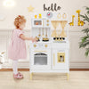Wooden play kitchen for kids with adjustable heights, featuring a microwave, sink, and realistic cookware for.