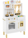 Wooden play kitchen for kids with adjustable heights, microwave, and cookware accessories for imaginative cooking fun.
