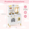 Wooden play kitchen for kids with adjustable heights, featuring a microwave, oven, and realistic cookware accessories.