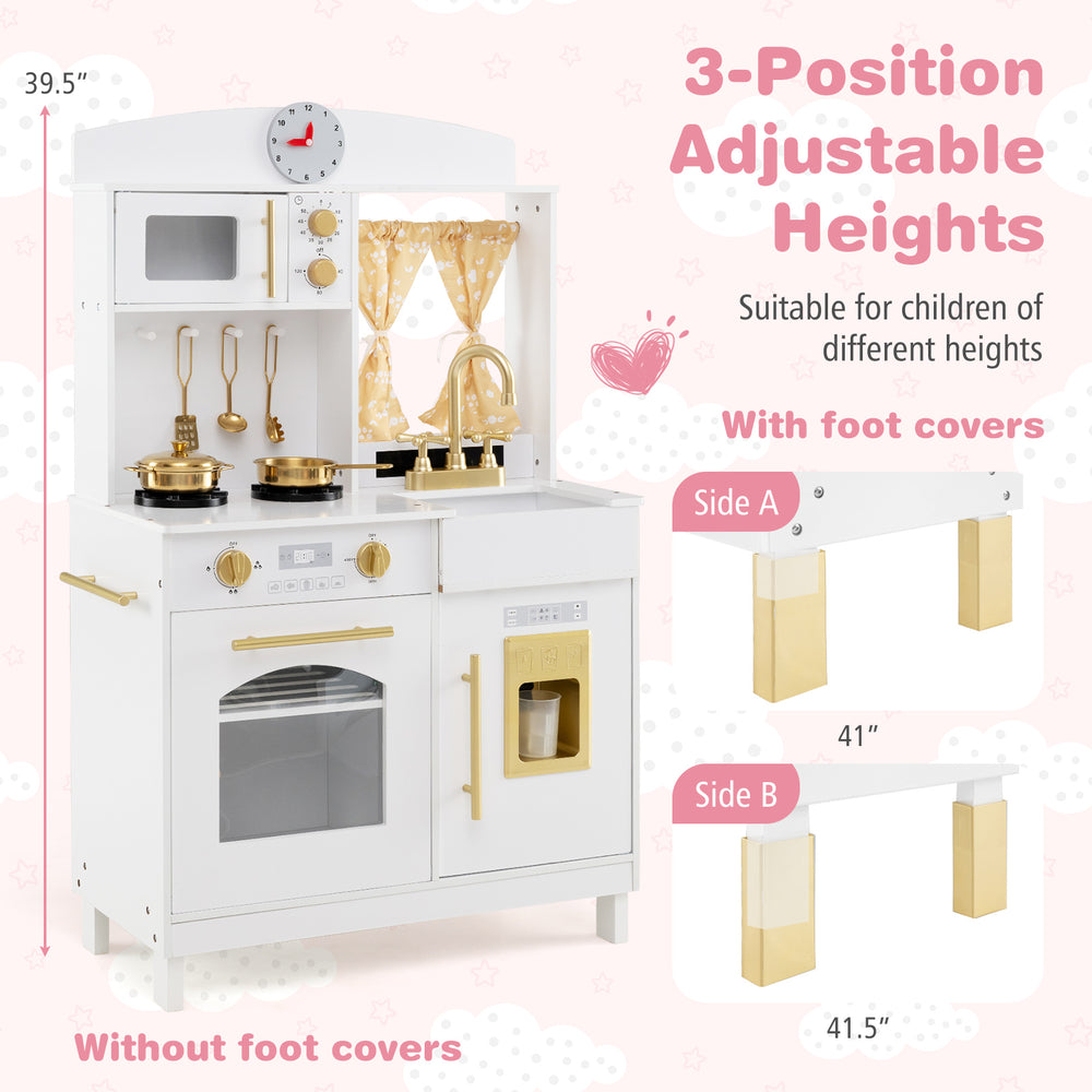 Play kitchen for kids with adjustable heights, featuring a microwave, sink, and realistic cookware for imaginative play.