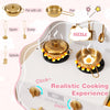 Gold cookware set including a pot and pan on a play kitchen, designed for kids' realistic cooking experience.