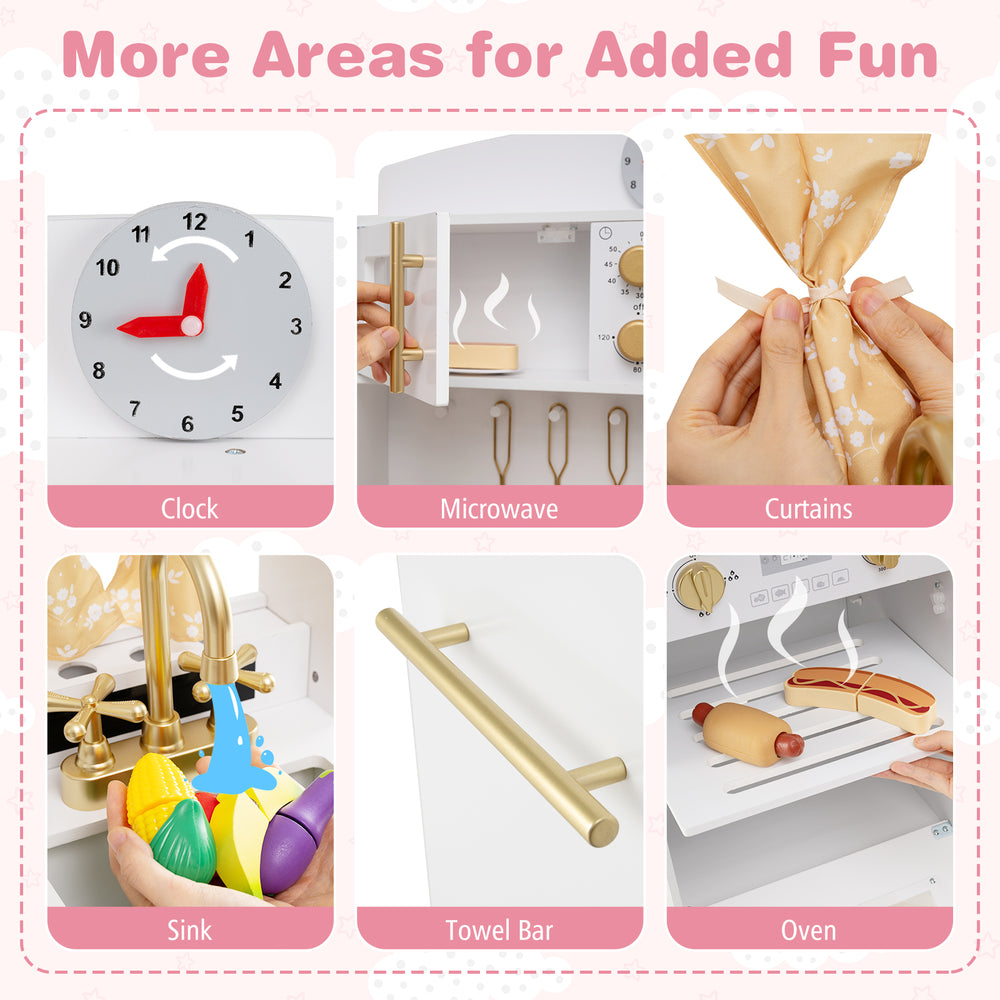Colorful play kitchen features a clock, microwave, sink, and oven for imaginative cooking fun, adjustable for kids'.