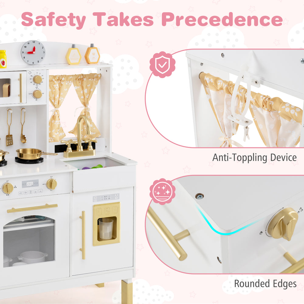 Play kitchen safety features include rounded edges and an anti-toppling device for secure pretend play.