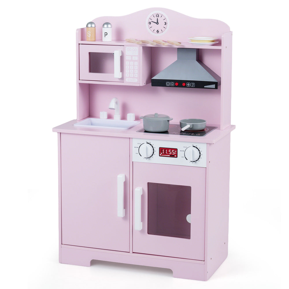 Play Kitchen for Kids Wooden Playset with Range Hood and Microwave-Pink - Gallery View 1 of 1