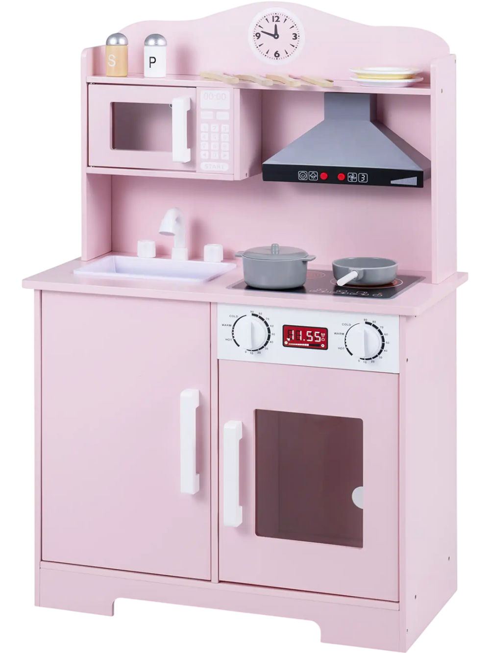 Wooden pink play kitchen set with range hood, microwave, and realistic stovetop for imaginative cooking role-play.