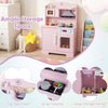 Wooden pink play kitchen set featuring a range hood, microwave, and ample storage for imaginative cooking adventures.