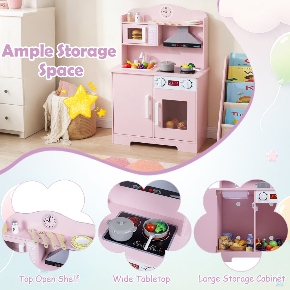 Wooden pink play kitchen set featuring a range hood, microwave, and ample storage for imaginative cooking adventures.