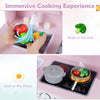 Play kitchen set in pink featuring a sink for washing vegetables and a stovetop for cooking with realistic accessories.