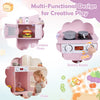 Wooden play kitchen set in pink featuring a microwave, oven, and rotary knobs for immersive pretend cooking fun.