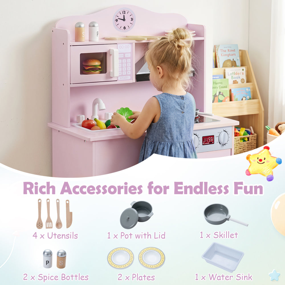 Wooden pink play kitchen set featuring a range hood, microwave, and rich accessories for imaginative cooking fun.