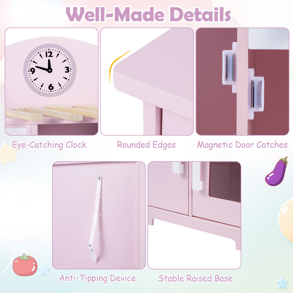 Detailed view of the pink wooden play kitchen featuring rounded edges, magnetic door catches, and an anti-tipping device for safety.