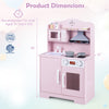 Wooden pink play kitchen for kids features a range hood, microwave, and multiple storage areas for imaginative cooking fun.