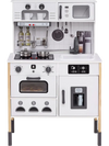White play kitchen for kids shown from the front, with oven, microwave, sink, stove, lights and sounds.