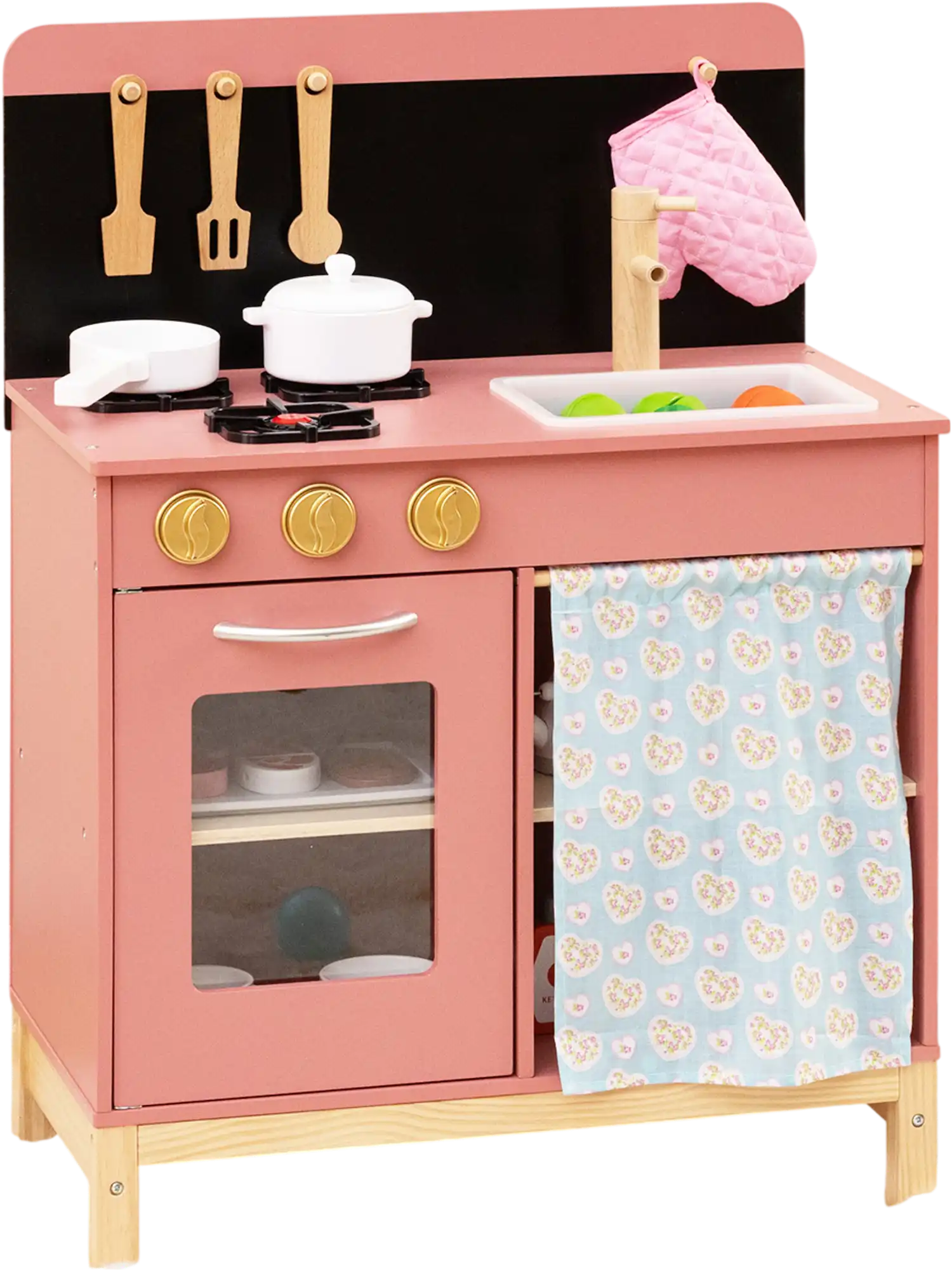 Costway Kids Wooden Play Kitchen Pink Door Curtain 475218693 New