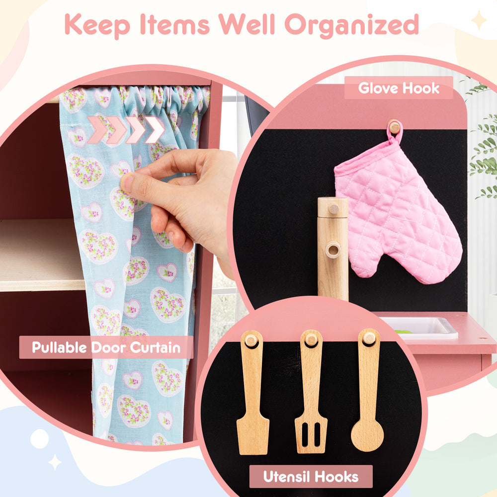 Pullable door curtain and utensil hooks on the pink wooden play kitchen for kids, promoting organized play and.