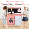 Wooden play kitchen set in pink with stove, sink, and oven, designed for imaginative play and skill development for.