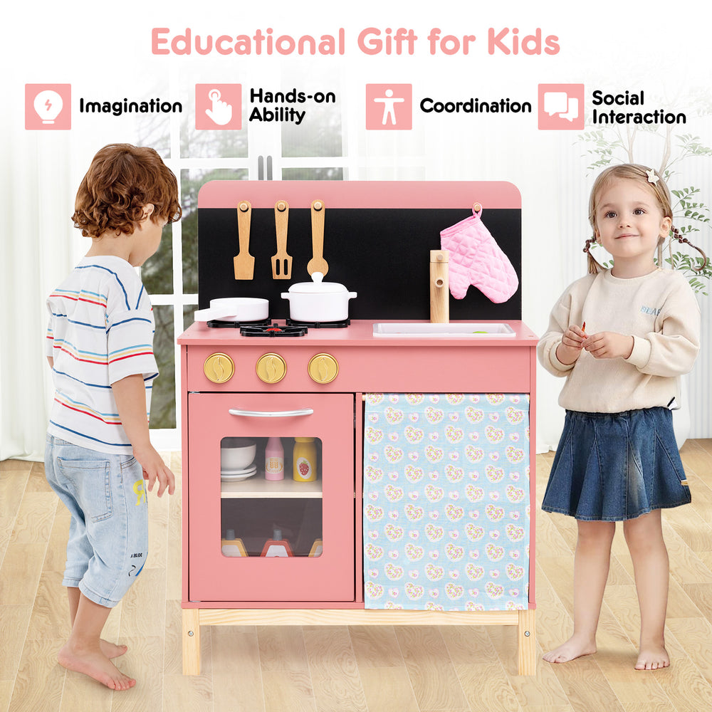 Wooden play kitchen set in pink with stove, sink, and oven, designed for imaginative play and skill development for.