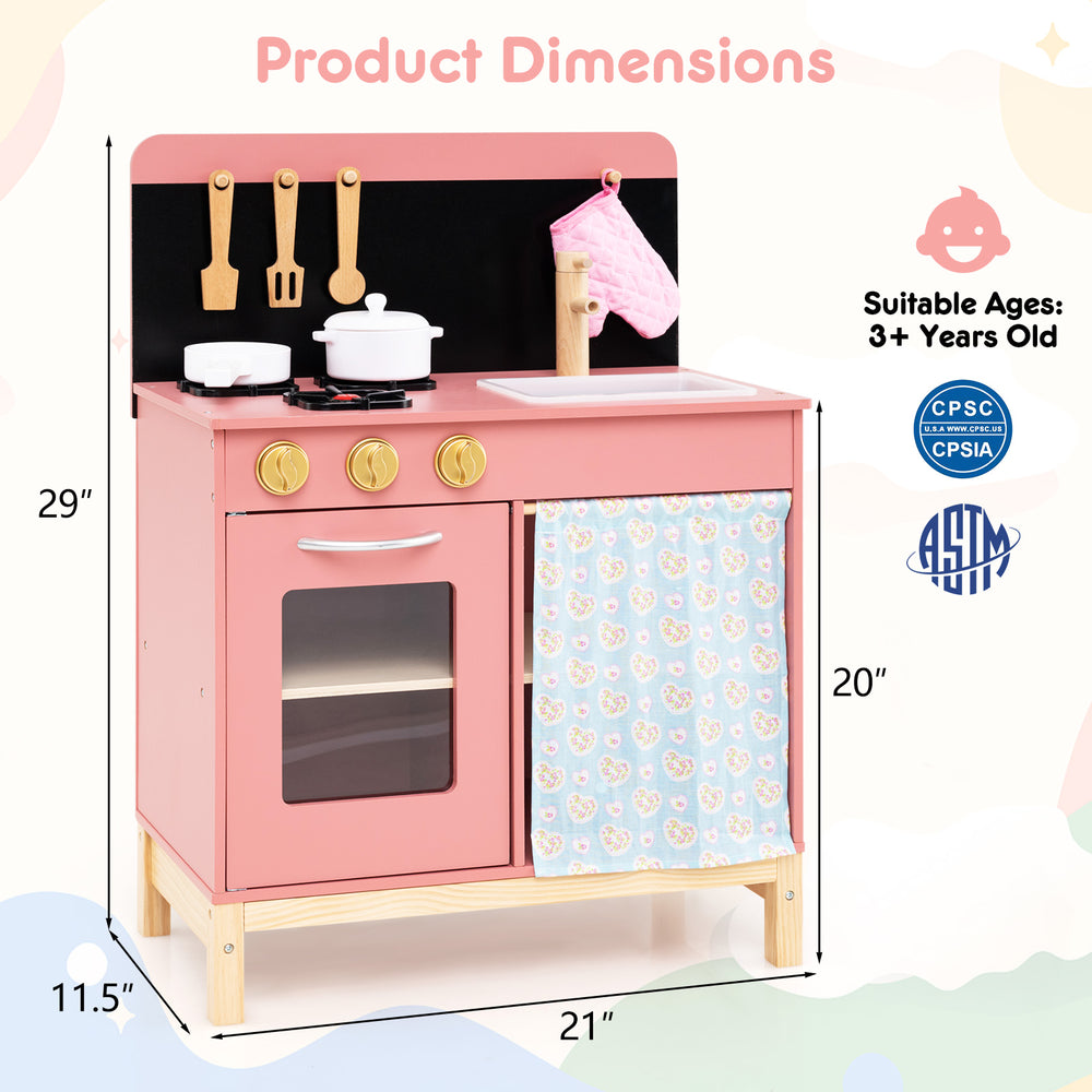 Wooden pink play kitchen for kids featuring stove, sink, and oven, designed for imaginative play and safety.