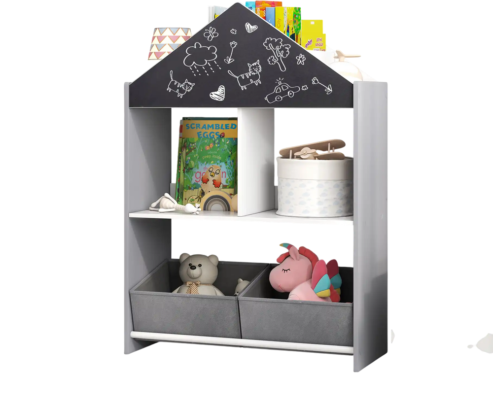 Playhouse kids bookshelf in gray with chalkboard and whiteboard, perfect for storage and creativity in children's rooms.