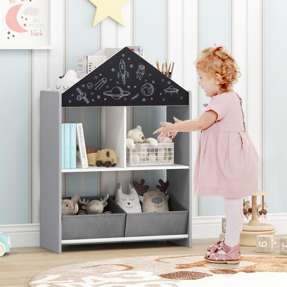 Playhouse kids bookshelf in gray with chalkboard, featuring ample storage for toys and books, ideal for children's.