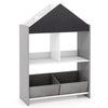 Kids bookshelf with chalkboard and whiteboard, gray design, ample storage for toys and books, ideal for playroom use.