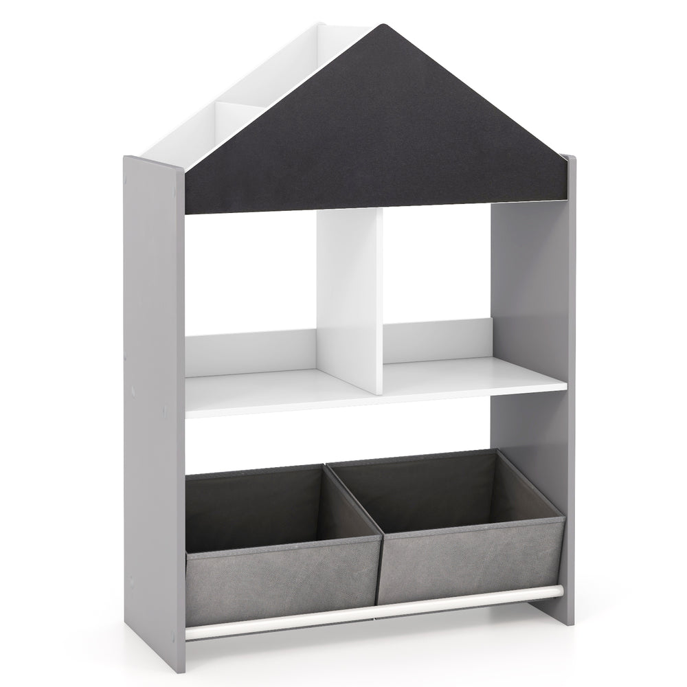 Kids bookshelf with chalkboard and whiteboard, gray design, ample storage for toys and books, ideal for playroom use.