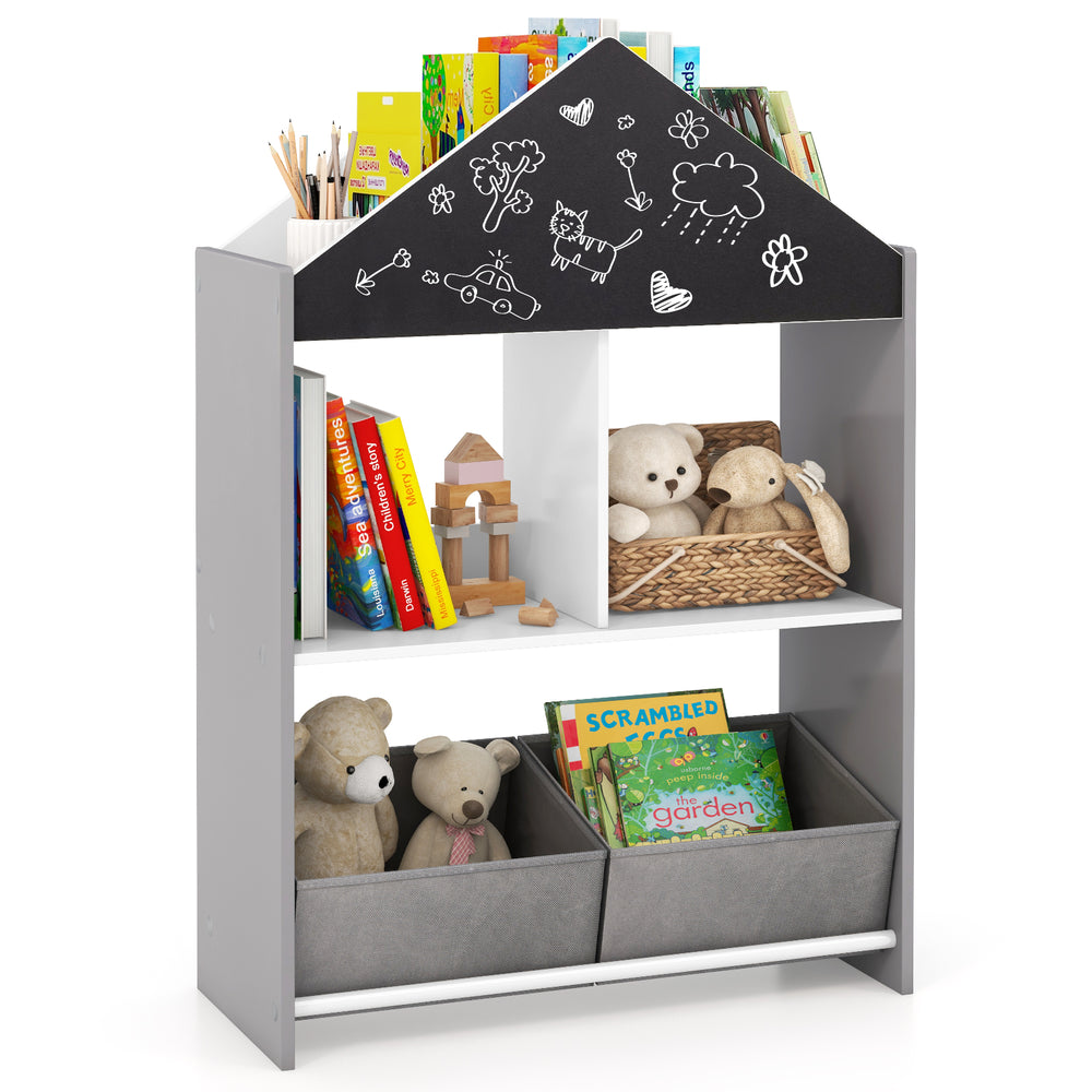 Playhouse kids bookshelf in gray with chalkboard, ample storage, and rounded corners for safe use in playrooms.