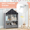 Playhouse kids bookshelf in gray with chalkboard, whiteboard, and anti-tipping system for safe storage in children's.