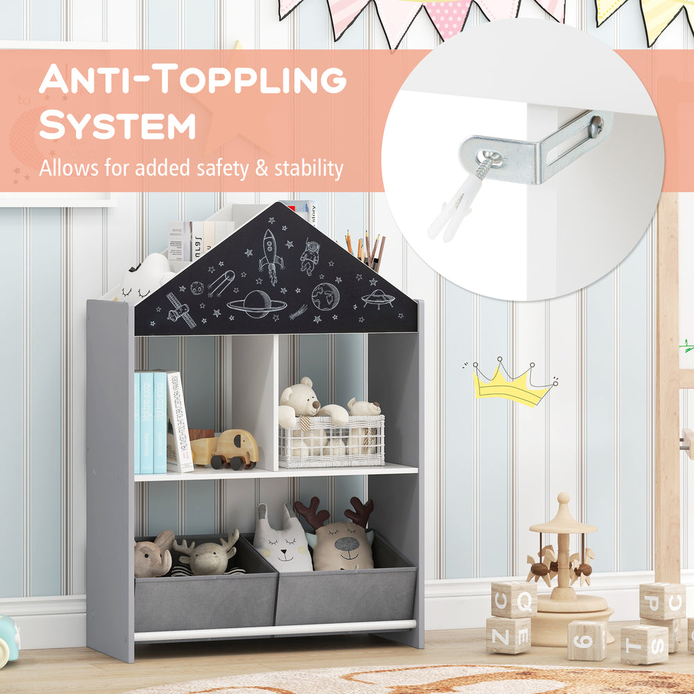Playhouse kids bookshelf in gray with chalkboard, whiteboard, and anti-tipping system for safe storage in children's.