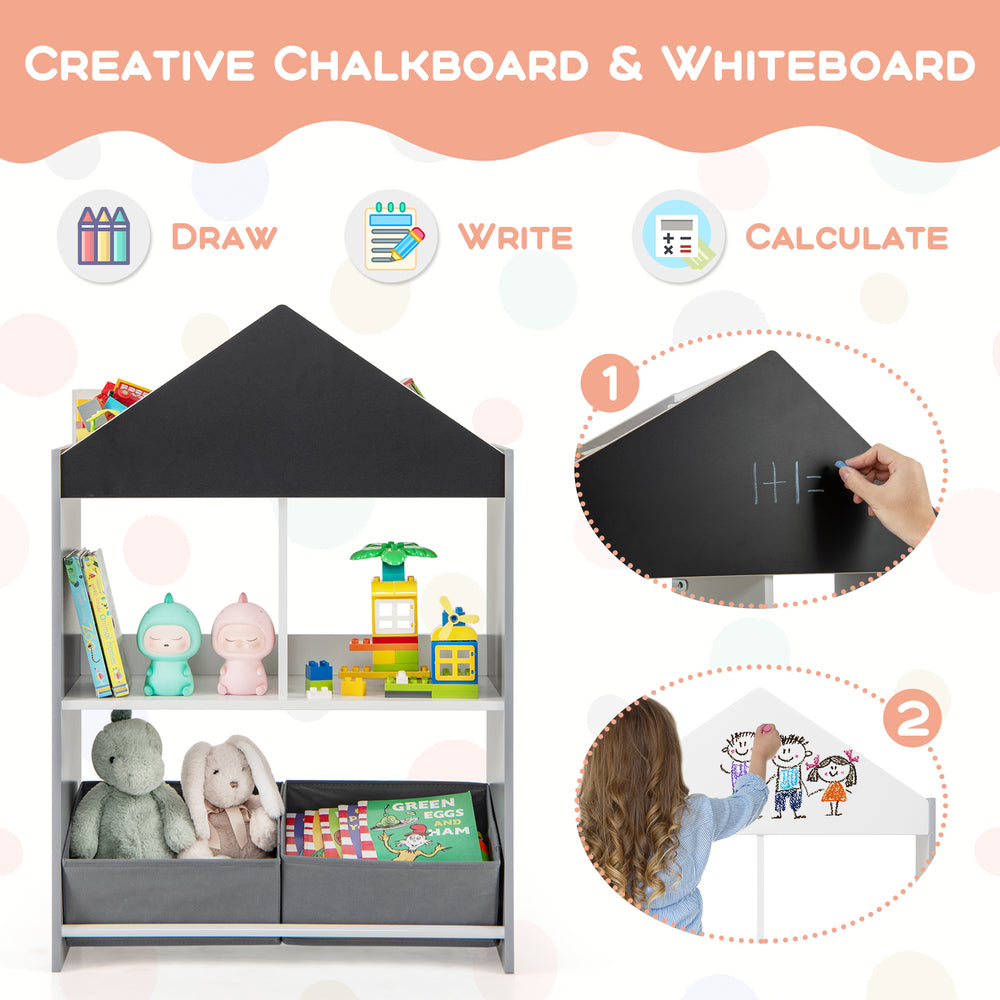 Playhouse kids bookshelf with gray chalkboard and whiteboard, ideal for storage and creativity in children's rooms.