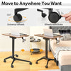 Pneumatic standing desk with adjustable height, anti-fall baffle, and cup holder, featuring 360° universal wheels.