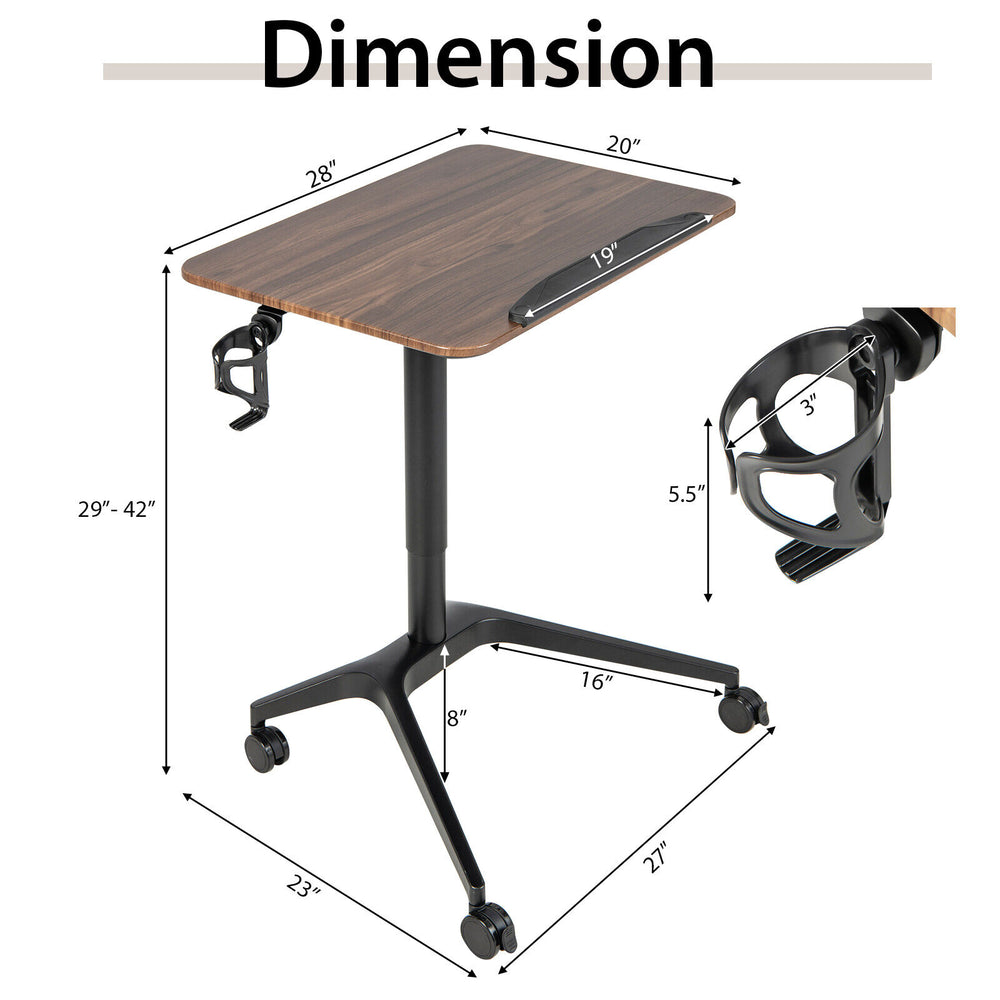 Pneumatic standing desk with adjustable height, anti-fall baffle, and cup holder, featuring a tiltable tabletop for.