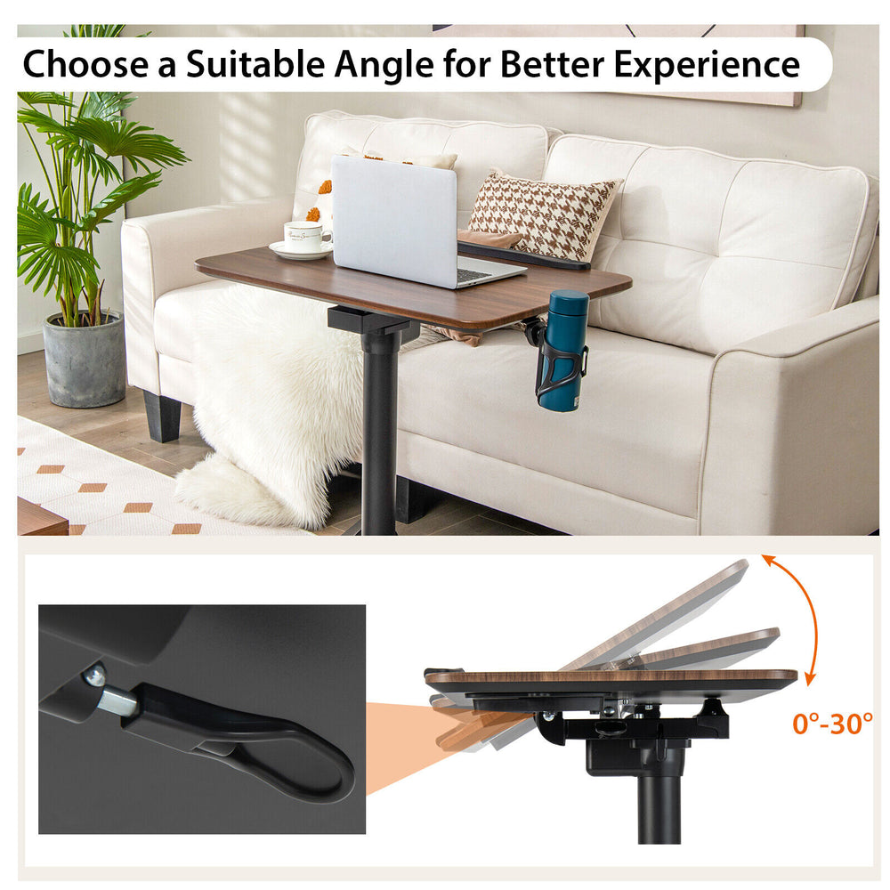 Pneumatic standing desk with adjustable height, tilt angle, and cup holder for versatile use in home or office settings.