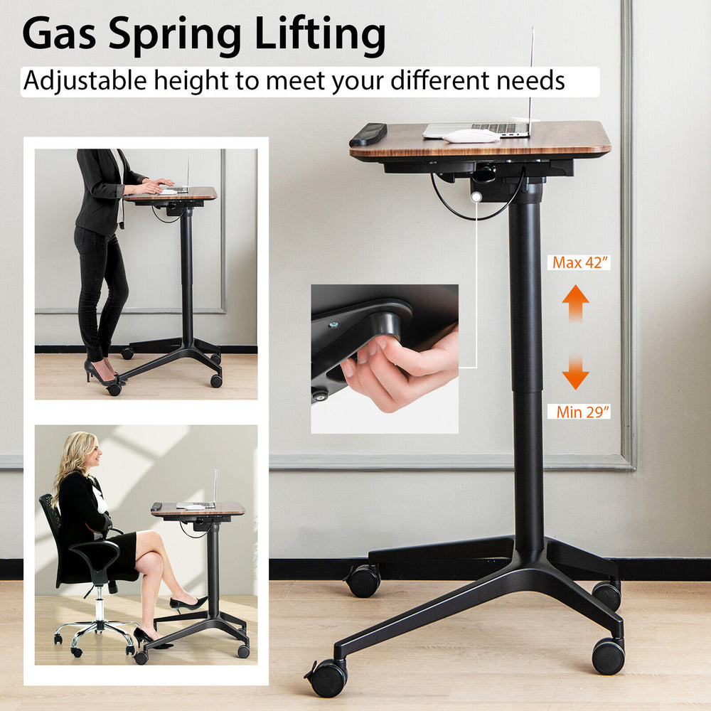 Pneumatic standing desk with adjustable height 29"-42", anti-fall baffle, and cup holder for versatile use.