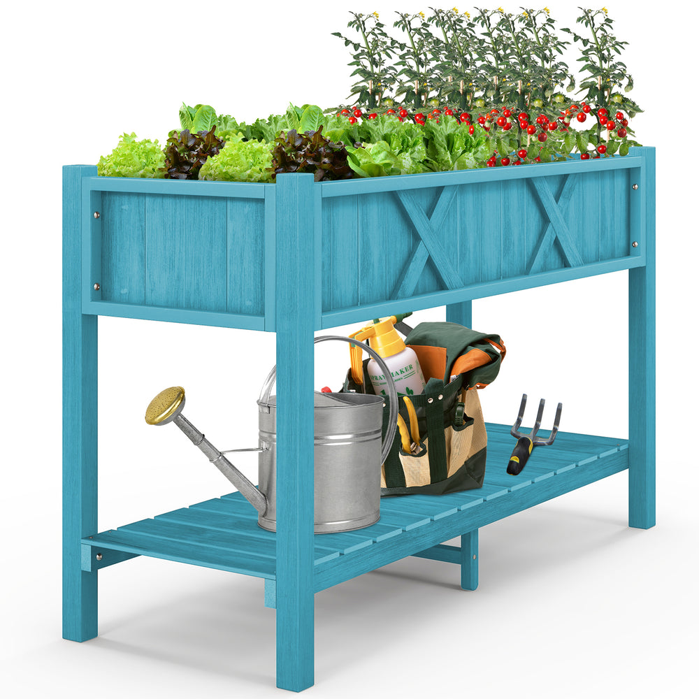 Blue poly wood elevated planter box with legs, featuring drainage holes and a shelf for gardening tools and accessories.