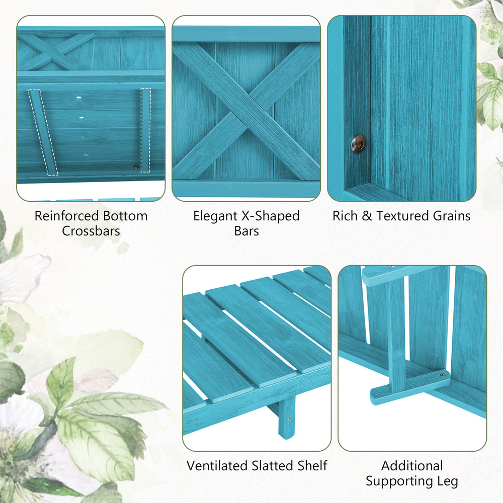 Elevated blue planter box with legs, featuring elegant X-shaped bars and ventilated slatted shelf for gardening.