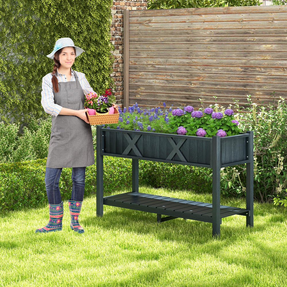 Poly Wood Elevated Planter Box with Legs Storage Shelf Drainage Holes-Black - Gallery View 1 of 10