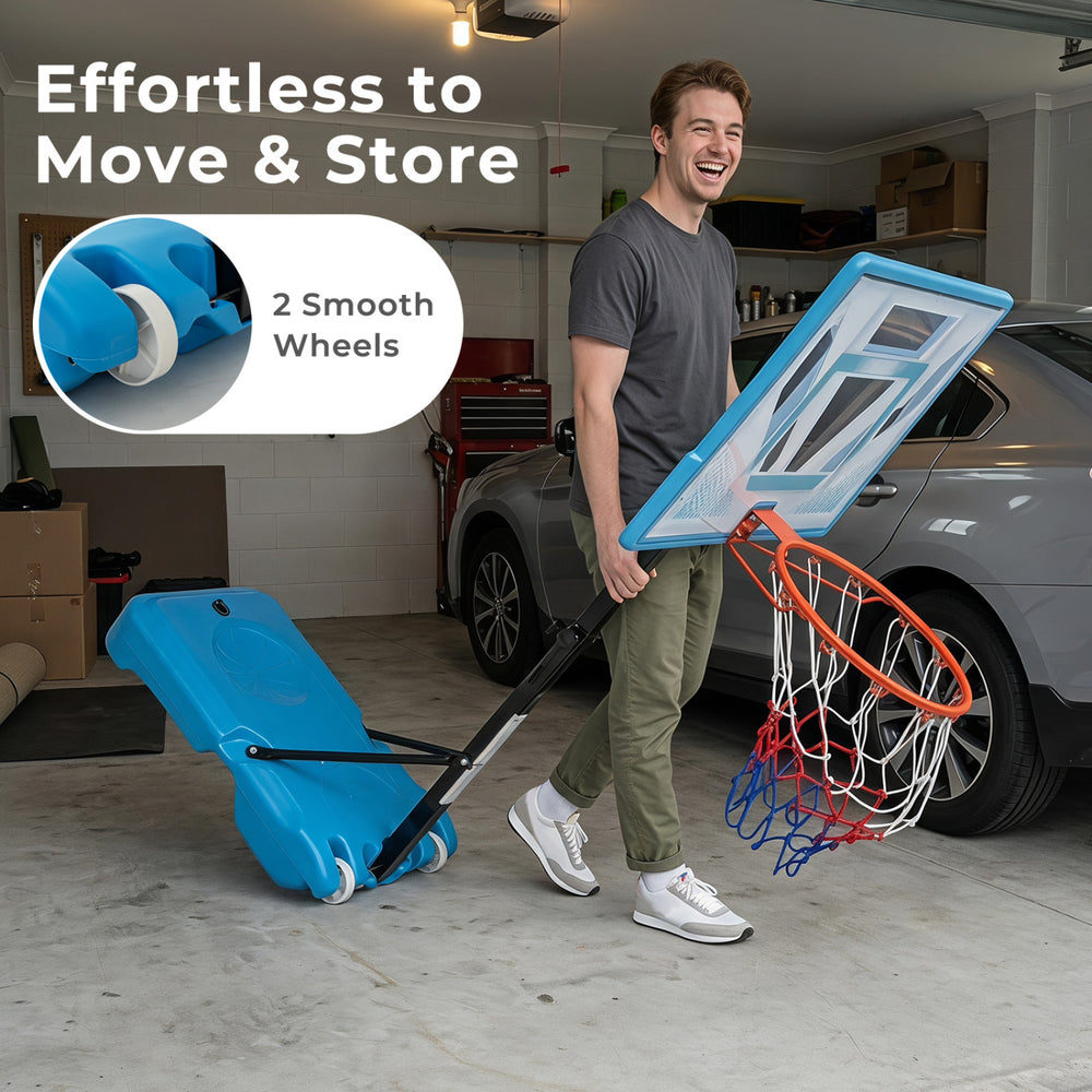 Pool basketball hoop with adjustable height, smooth wheels for easy transport, and a sturdy weighted base for stability.